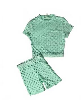 Half Heart Girls S/M Mint Green Mesh Cutout Crop Top & Biker Shorts Set Outfit